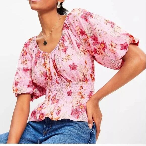 Loft Lily Pink Smocked Gathered Waist V-Neck‎ Blouse Women’s Size XL - New - Picture 1 of 11